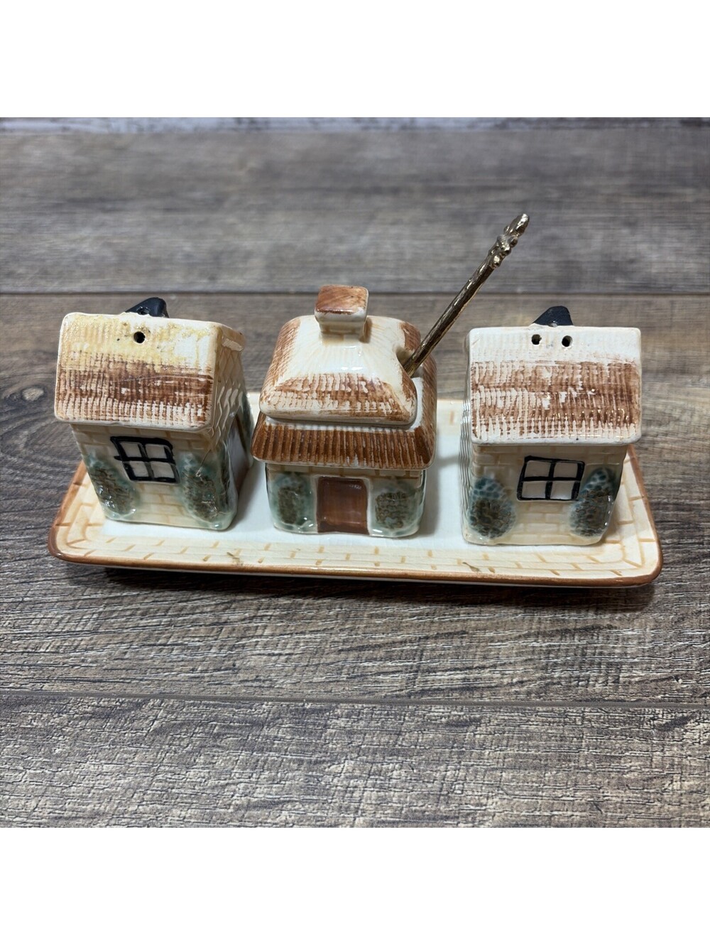 VTG Country CottageCore Salt & Pepper Shakers W/Sugar Dish And Golden Spoon Set